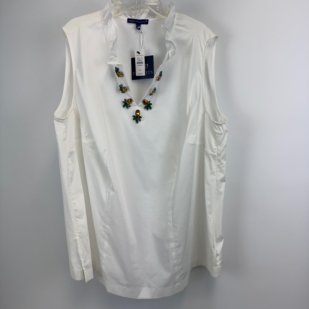 RSVP by Talbots White Sleeveless Pineapples Embellished Ruffle Neck Top 2X NEW‎